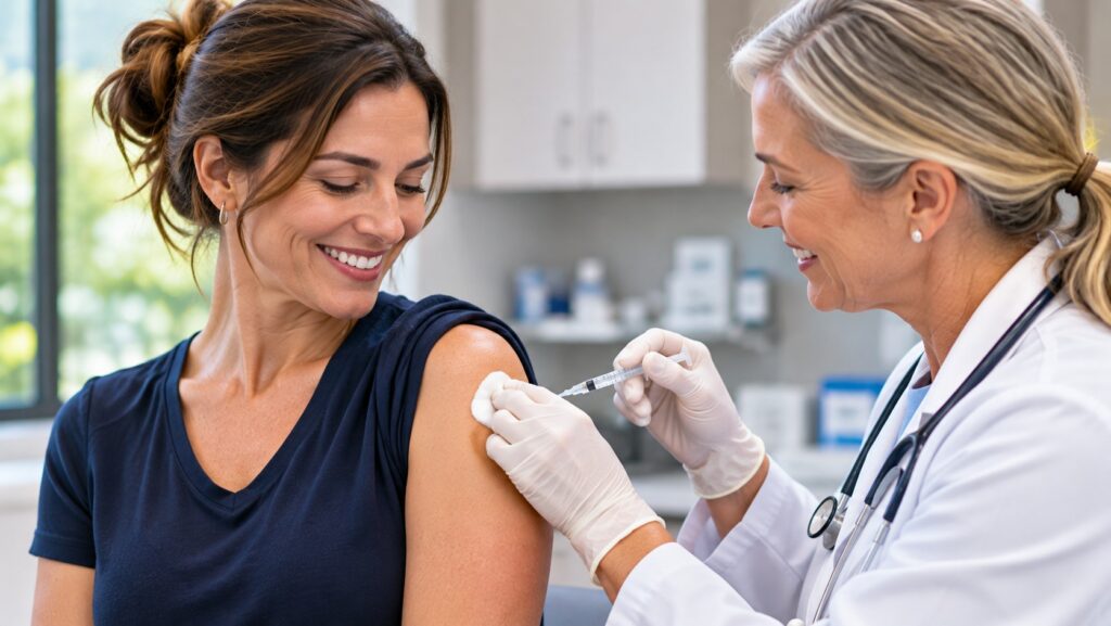Healthcare provider administering a vaccine to an adult woman during a routine immunization appointment
