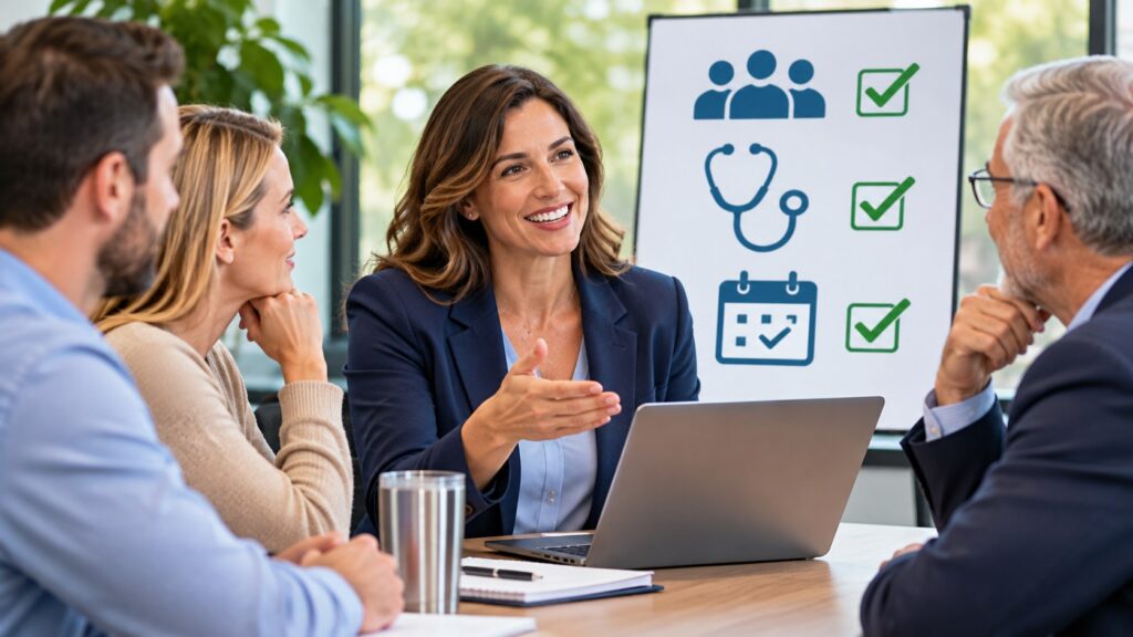 Employee presenting healthcare benefits to company leadership during an office meeting about direct primary care