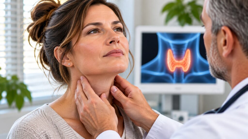 Doctor examining a woman's neck for thyroid abnormalities with an illustration of the thyroid gland in the background